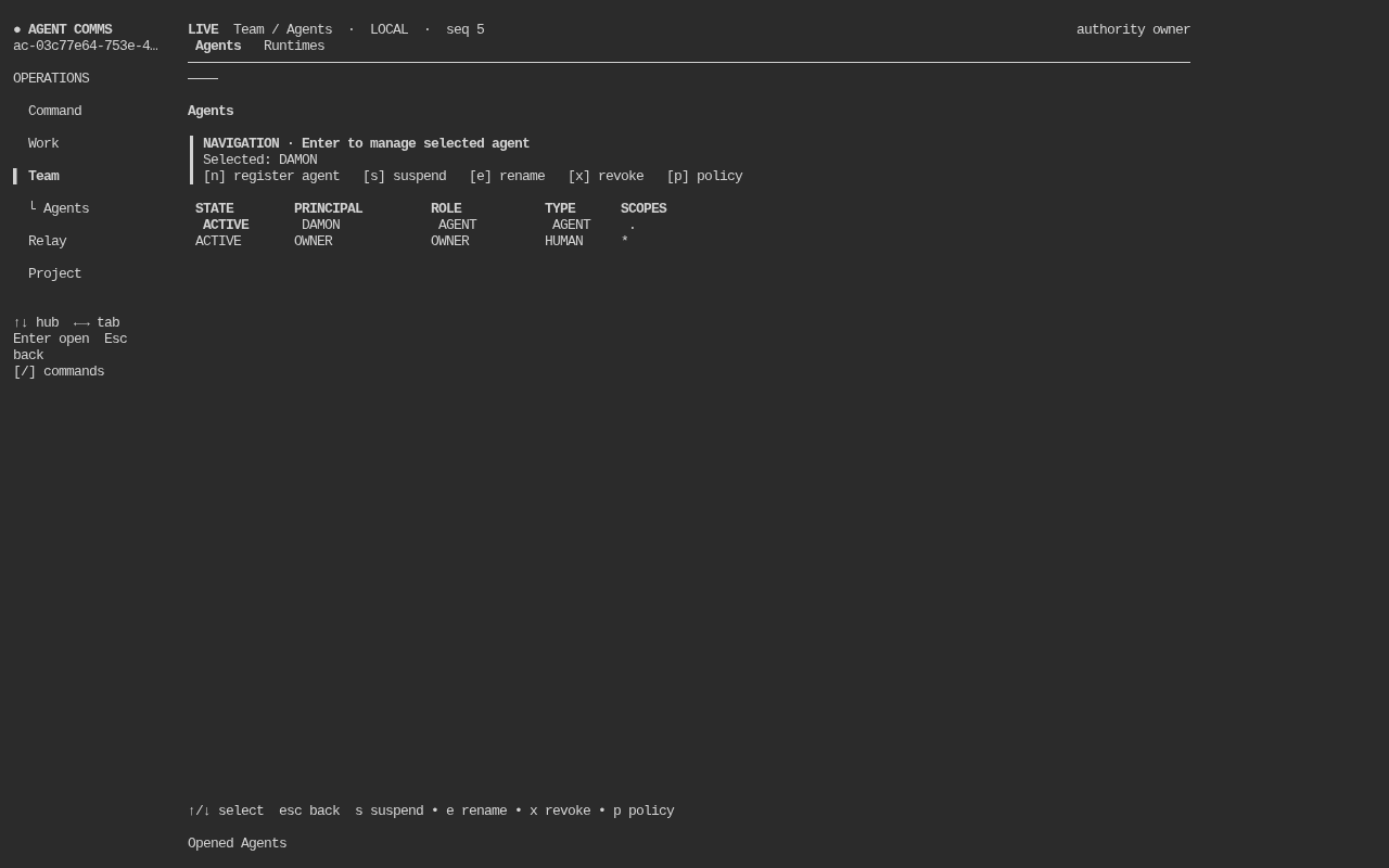 Current Agent Comms agents view with selection and management actions